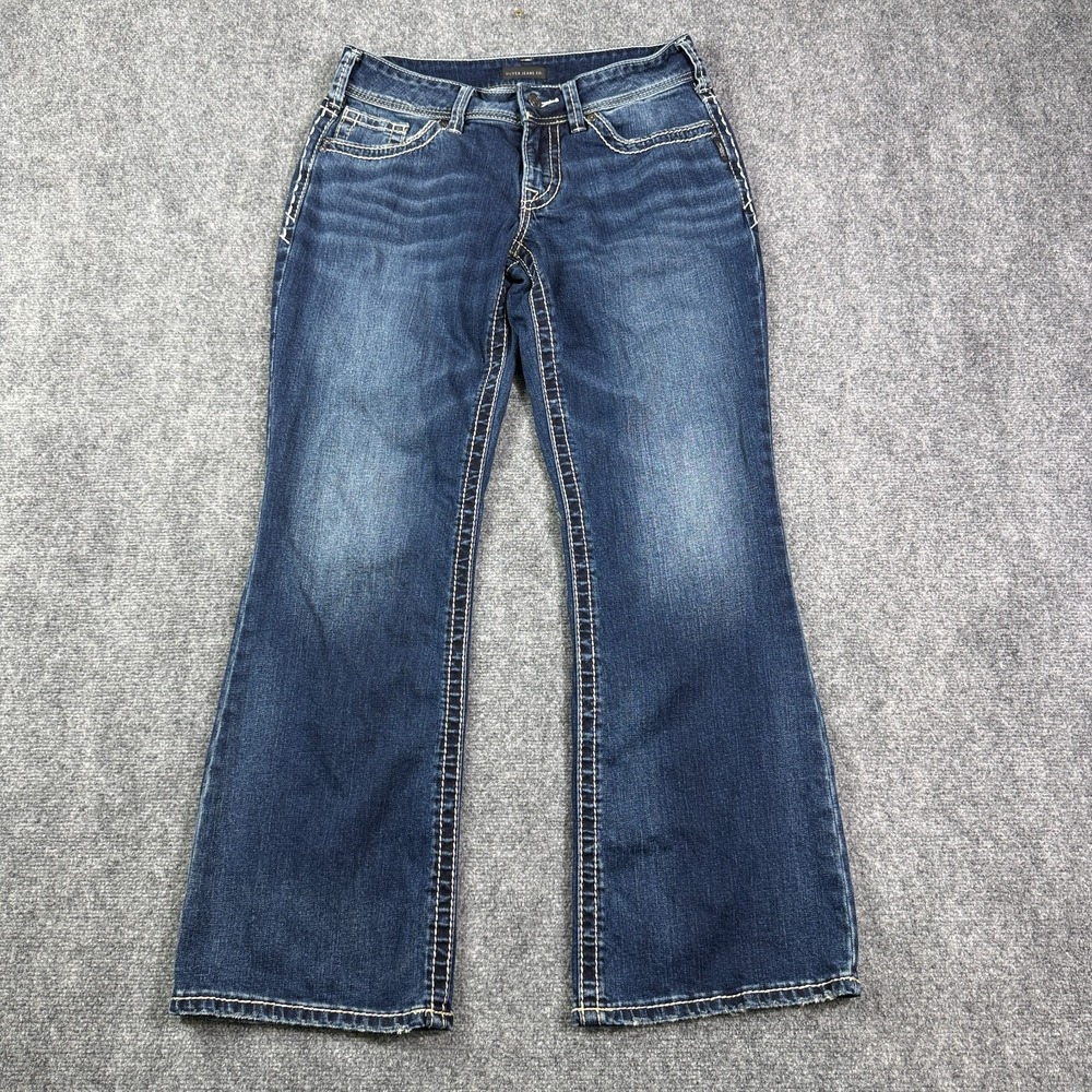 Silver Womens Suki Bootcut Jeans 29x32 Mid Rise Dark Blue Distressed Stretch